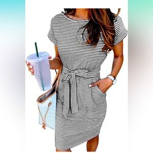 Women's Striped Short Sleeve T Shirt Dress Tie Waist with Pockets. Large, grey